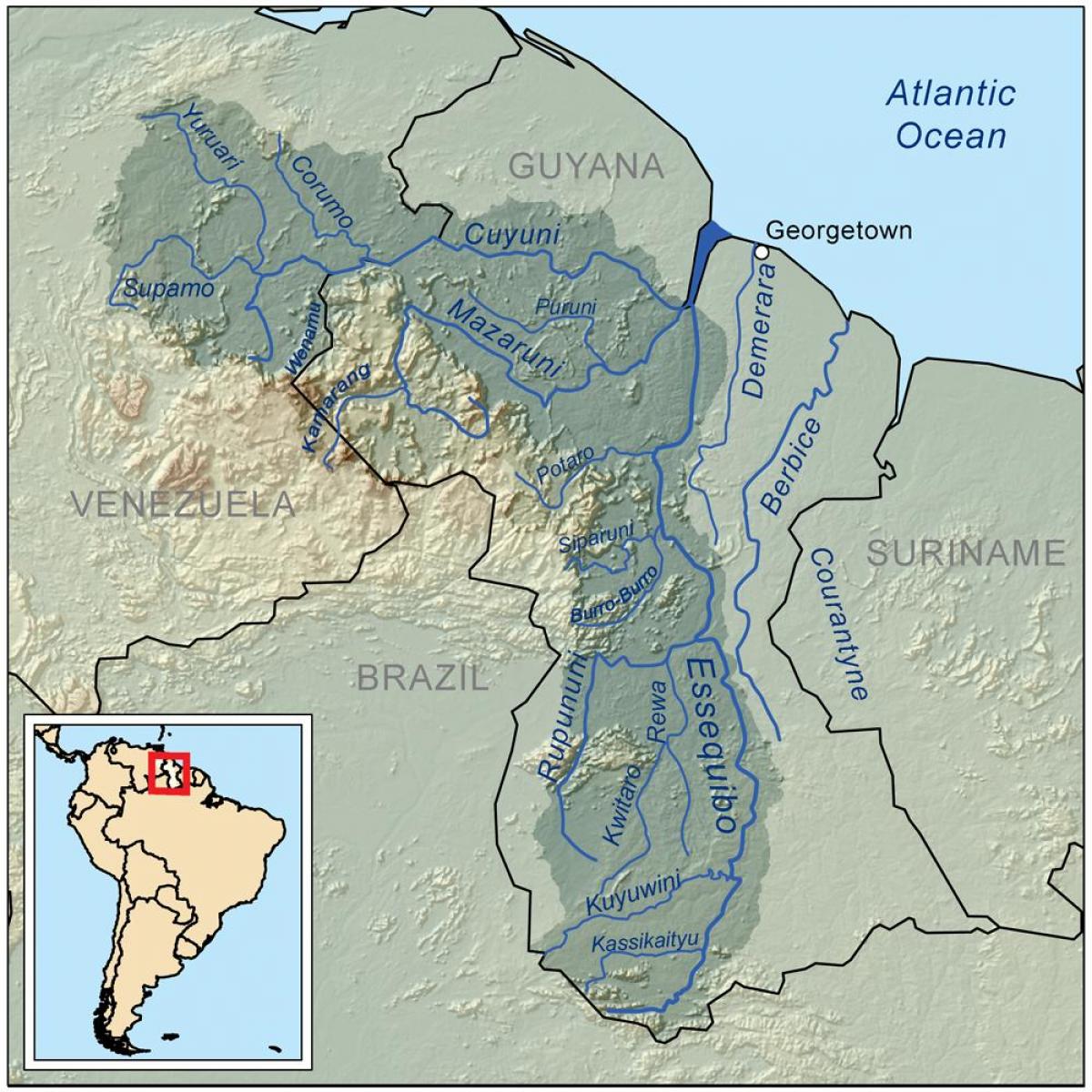 地図のガイアナの主要河川